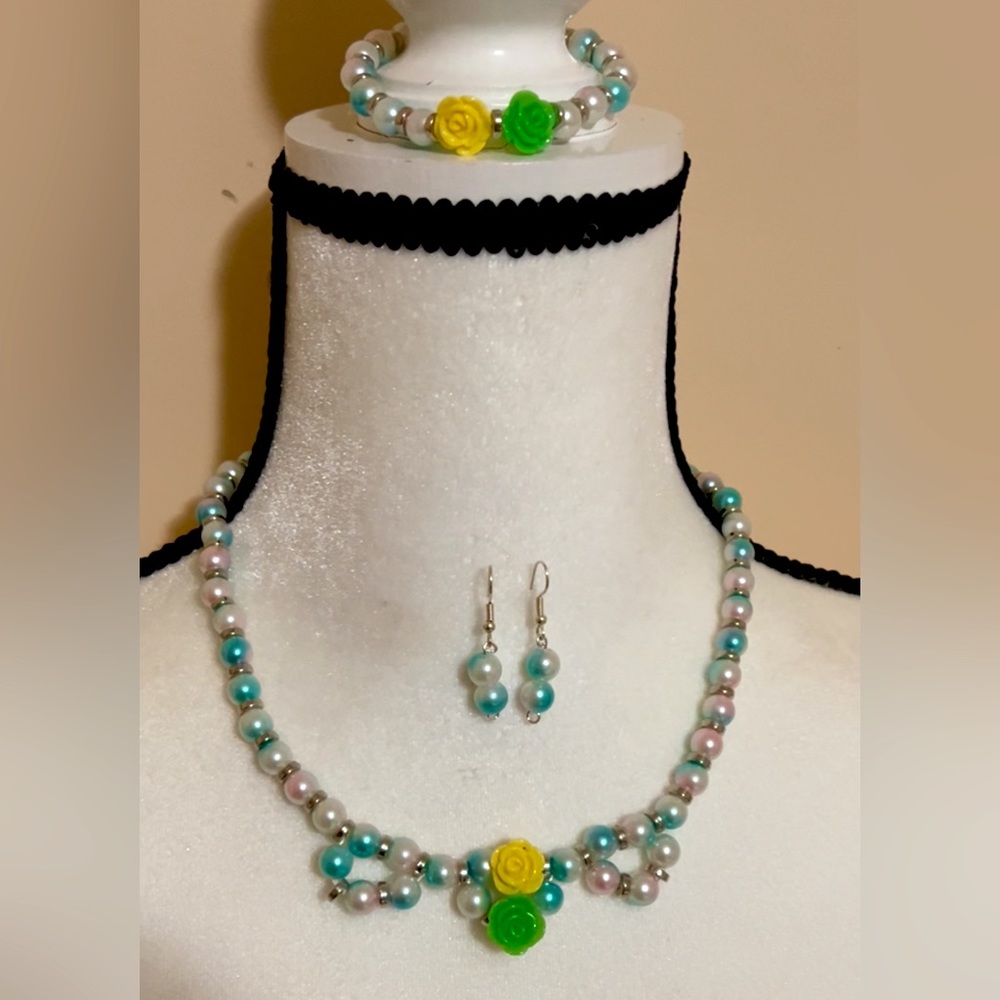 💥Handmade Beautiful Jewelry Stretch Faux Pearl Earrings Necklace And Bracelet💌